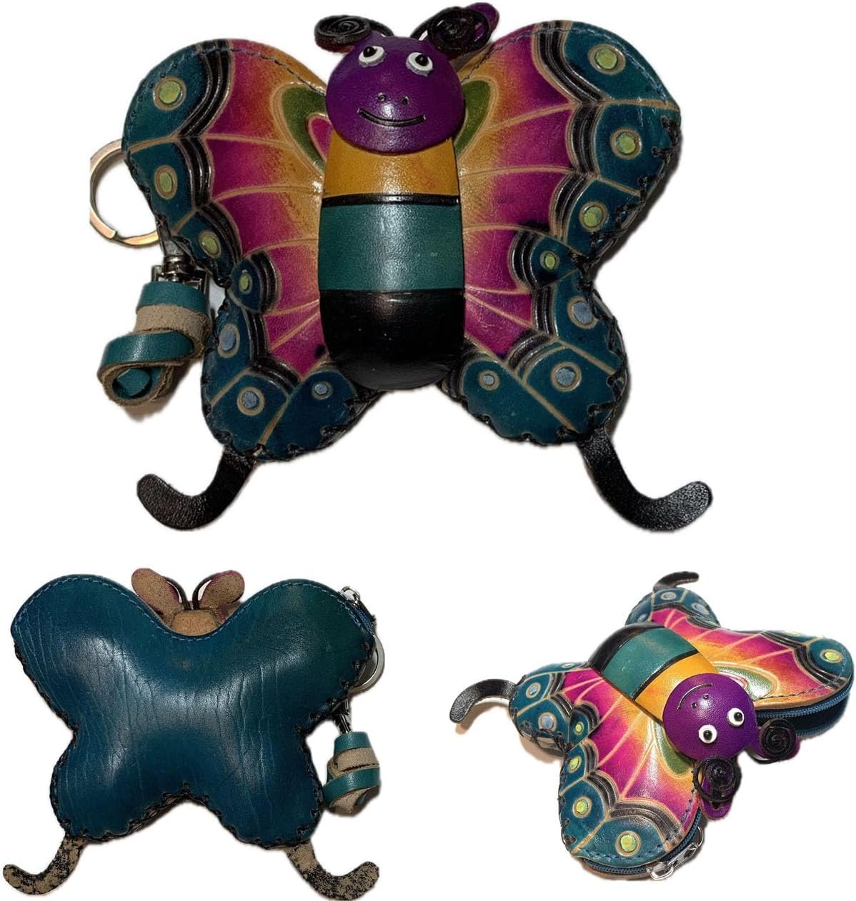 HOTVintage Genuine Leather 3D Animal Butterfly Coin Purse With Removable Wrist Strap (Blue)