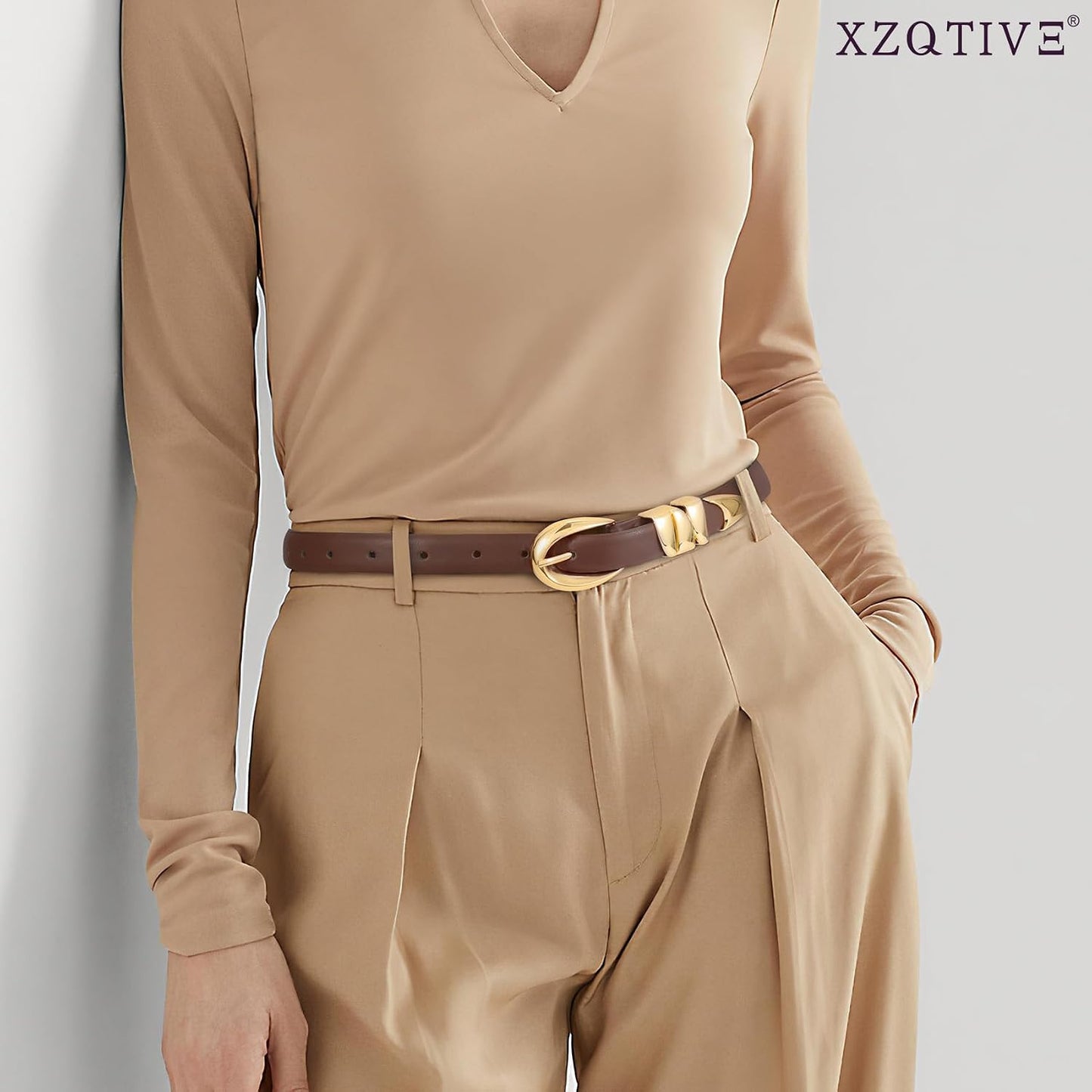 HOTXZQTIVE Women's Skinny Leather Belts Ladies Thin Waist Belts for Jeans Dress Pants Trendy Black Belt with Gold Buckle