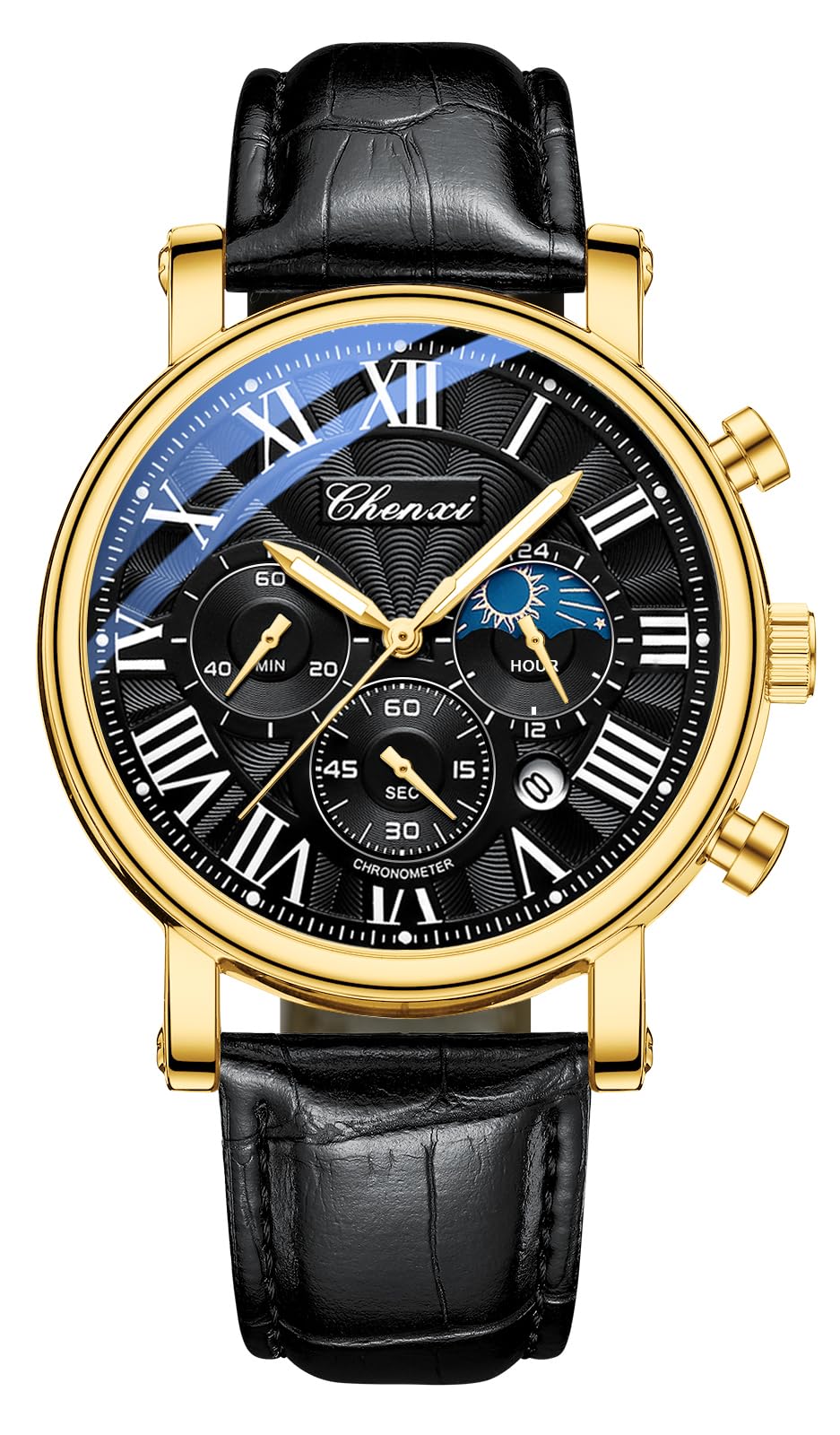 HOTFANMIS Men's Classic Watches Multifunctional Analog Watch Business Dress Waterproof Luminous Chronograph Starry Sky Moon Phase Leather Wristwatch