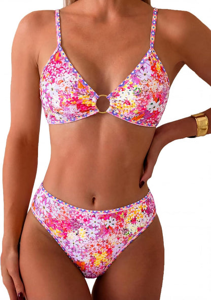 HOTTainehs Women's Two Piece Bikini Sets O Ring Front Top Ditsy Floral Triangle Swimsuits Cheeky Bathing Suit