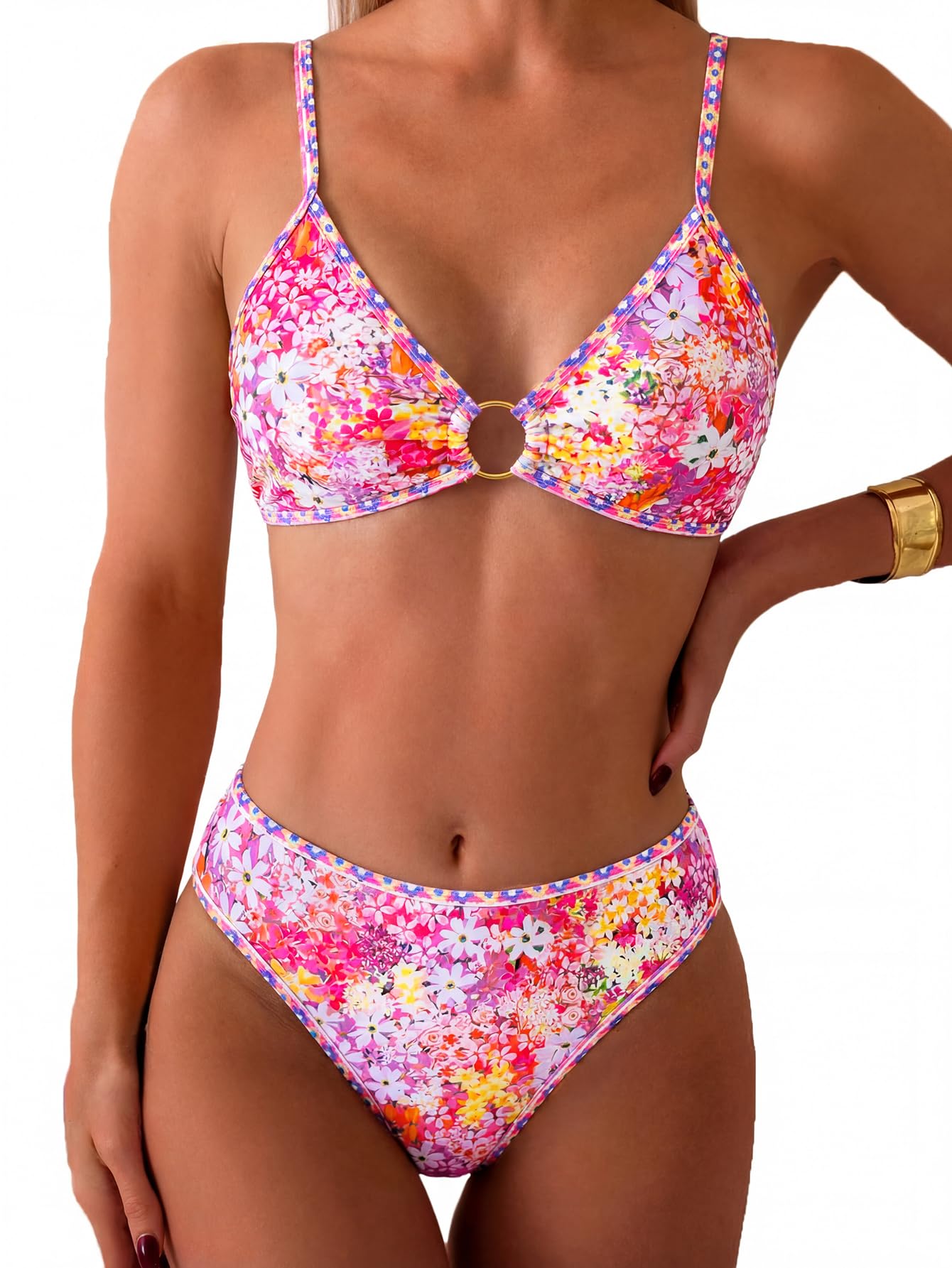 HOTTainehs Women's Two Piece Bikini Sets O Ring Front Top Ditsy Floral Triangle Swimsuits Cheeky Bathing Suit