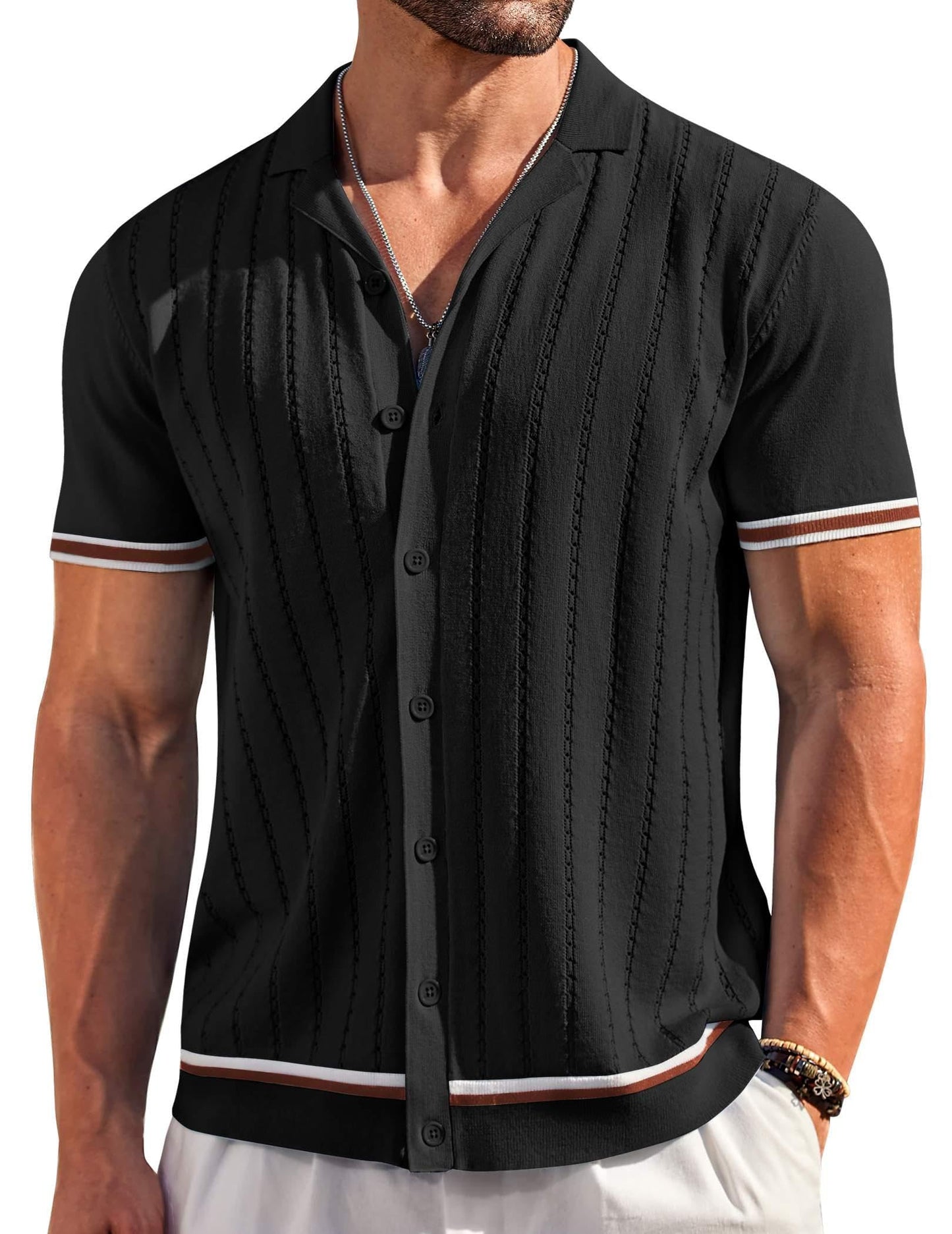 HOTCOOFANDY Men's Short Sleeve Knit Shirt Casual Button Down Shirt Vintage Striped Knitted Golf Beach Tops