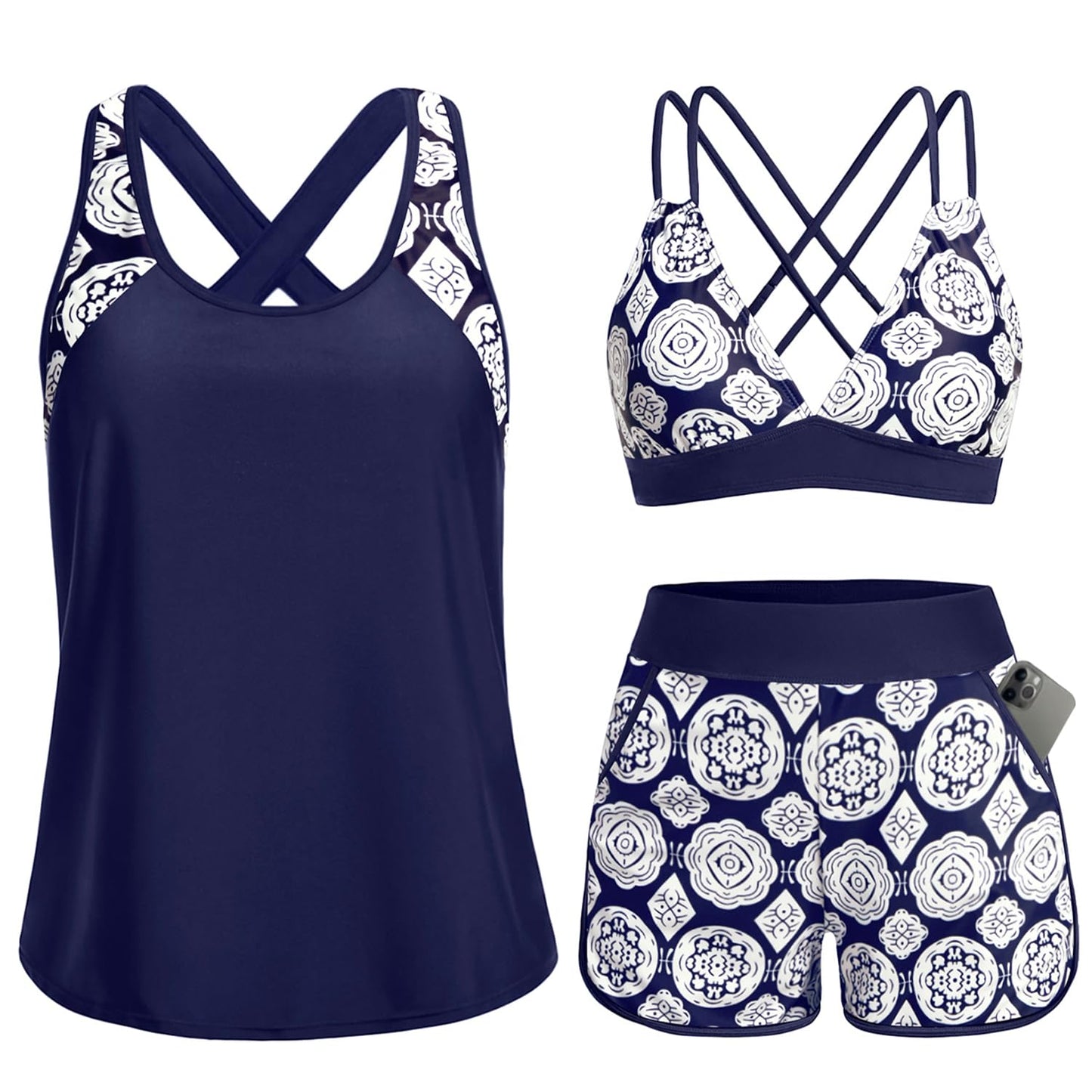 HOTWomen's 3 Piece Tankini Swimsuit Tummy Control with Bra Pocket Boy Shorts | Modest Bathing Suit, Athletic Style, Strappy-Back Support, High-Waist Fit, Built-In Brief, Side Pockets, Beach Swim Days