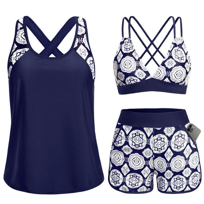 HOTWomen's 3 Piece Tankini Swimsuit Tummy Control with Bra Pocket Boy Shorts | Modest Bathing Suit, Athletic Style, Strappy-Back Support, High-Waist Fit, Built-In Brief, Side Pockets, Beach Swim Days