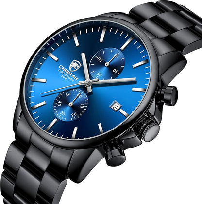 HOTGOLDEN HOUR Fashion Business Mens Watches with Stainless Steel Waterproof Chronograph Quartz Watch for Men, Auto Date