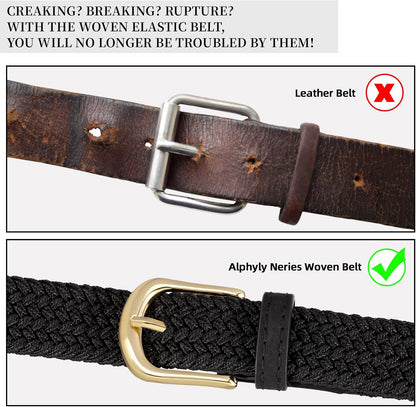 HOT2 Pack Braided Belt for Women, Elastic Woven Stretch Fabric Cloth Belt with Gold Buckle