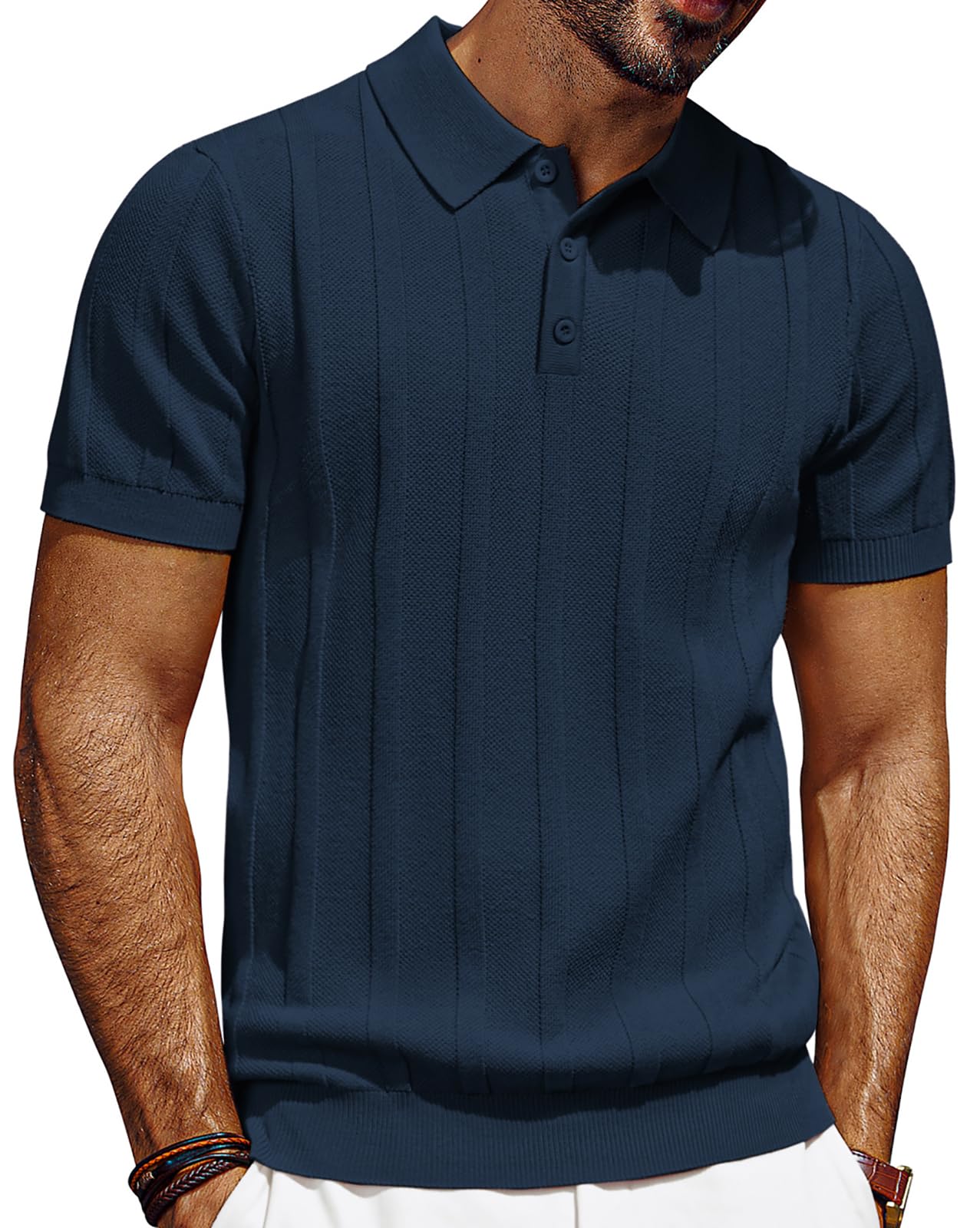 HOTPJ PAUL JONES Mens Polo Shirts Short Sleeve Textured Knit Polo Shirt Ribbed Casual Golf Shirts