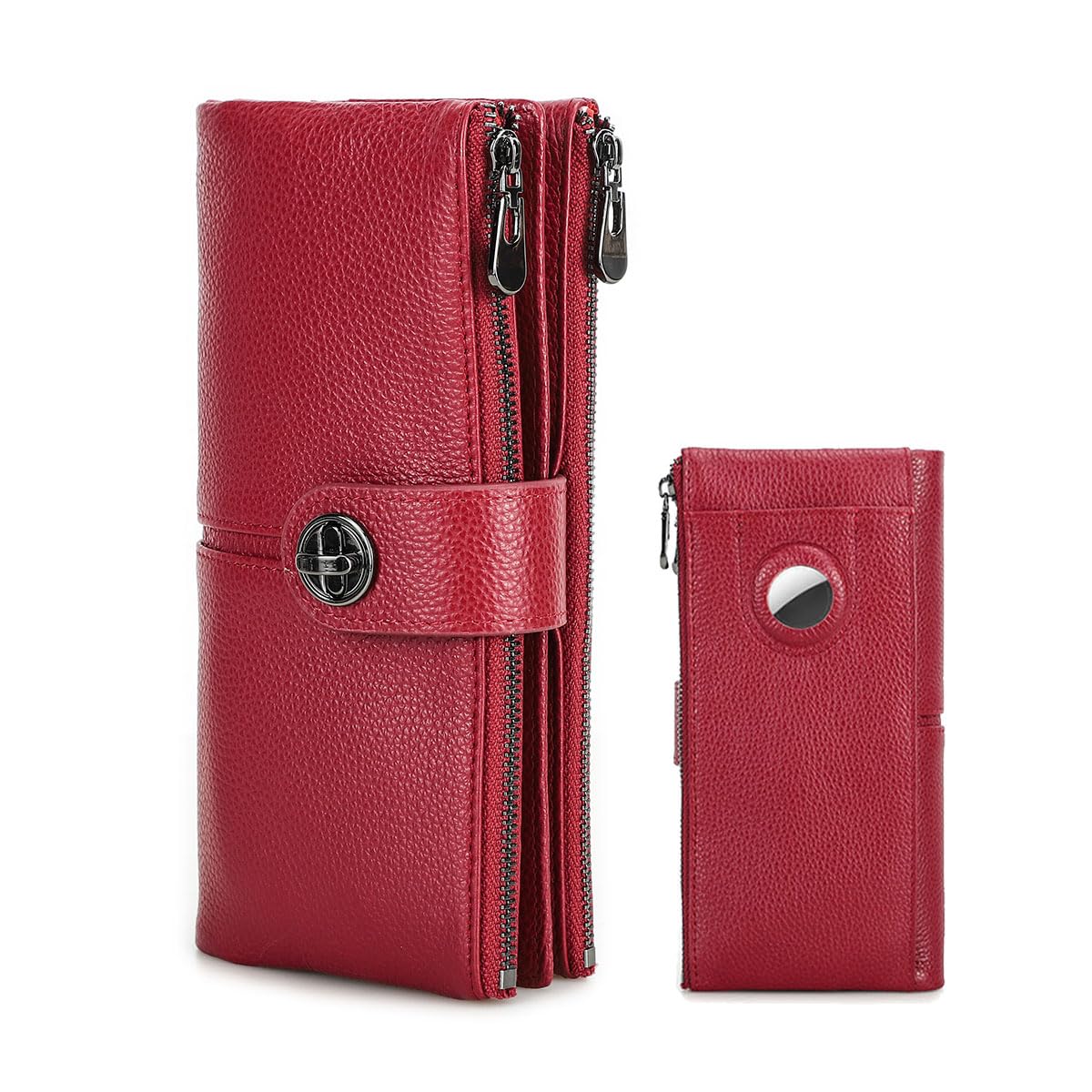 HOTCONTACTS Full Grain Leather Turnlock Wallet for Women Double Zipper Clutch Purse Compatible with AirTag Phone Organizer Rfid Wallet with 18 Card Slots (Brown)