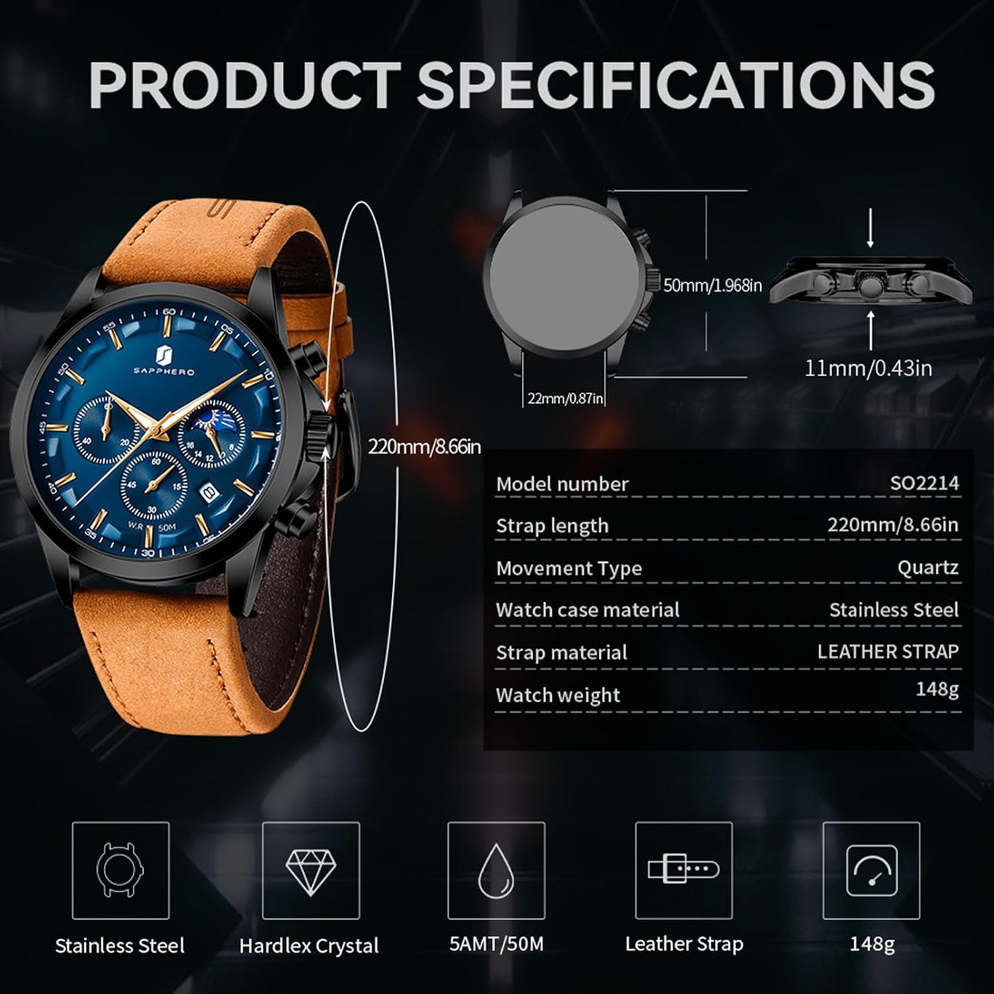 HOTSAPPHERO Men's Watches Stainless Steel Chronograph Waterproof Quartz-Business Casual Dress Watch for Men Luminous Date Gold/Silver/Black Design-Easy-to-Read Luxury Dial-Leather Unique Elegant Gift