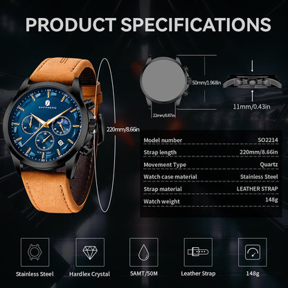 HOTSAPPHERO Men's Watches Stainless Steel Chronograph Waterproof Quartz-Business Casual Dress Watch for Men Luminous Date Gold/Silver/Black Design-Easy-to-Read Luxury Dial-Leather Unique Elegant Gift