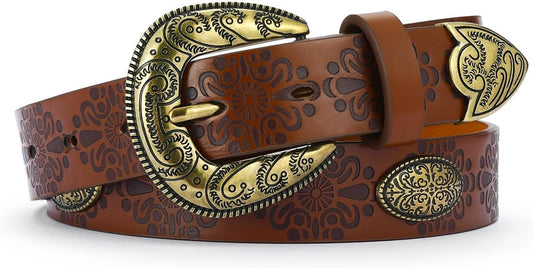 HOTWestern Belt For Women Stylish Brown Cowboy Vintage Belt With Retro Floral Carved Design cowgirl belts For Jeans