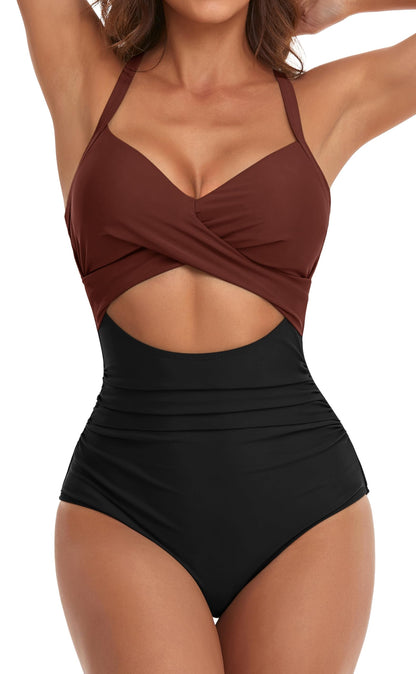 HOTEomenie Women's Tummy Control One Piece Swimsuit Cutout Bathing Suit | High Waisted,Tie Back,Wrap Front,Adjustable Straps,Soft Removable Cups,Slimming,Monokini for Beach Vacation,Pool Side