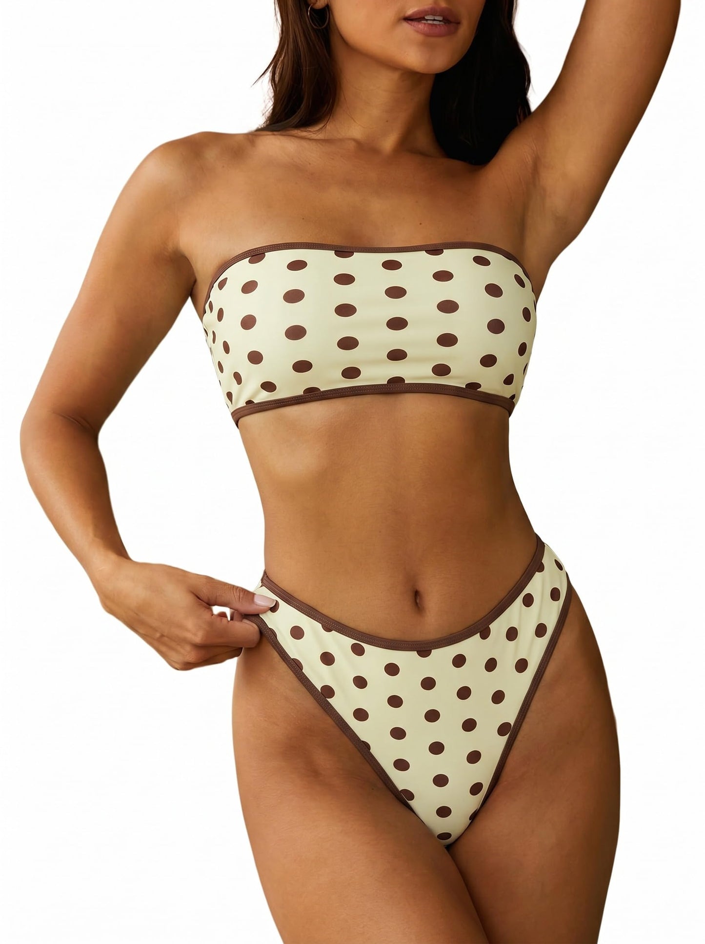 HOTZAFUL Women Strapless Bandeau Bikini 2 Piece Swimwear Lace up Bathing Suits | Strapless Textured Bikini Set Cheeky Solid Bandeau Bathing Suits