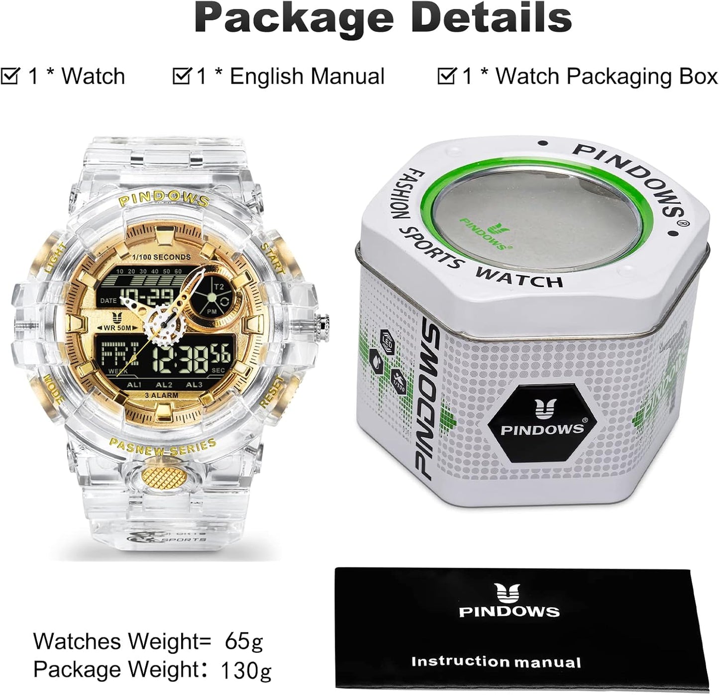 HOTPINIDOUS Mens Watch for Men Digital Sport Watch Transparent Gold Watches Waterproof Watches with 3 Alarms/Countdown/Stopwatch/Digital-Analog/Dual Time/Light/Military Multifunctional Wrist Watch