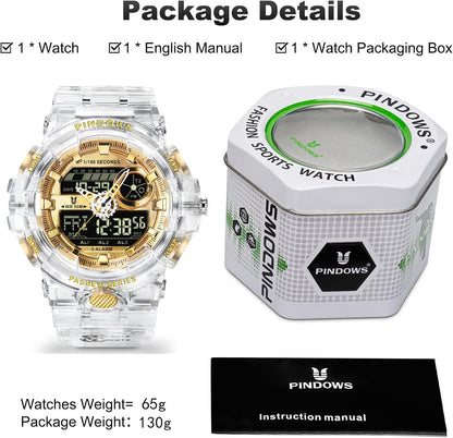HOTPINIDOUS Mens Watch for Men Digital Sport Watch Transparent Gold Watches Waterproof Watches with 3 Alarms/Countdown/Stopwatch/Digital-Analog/Dual Time/Light/Military Multifunctional Wrist Watch
