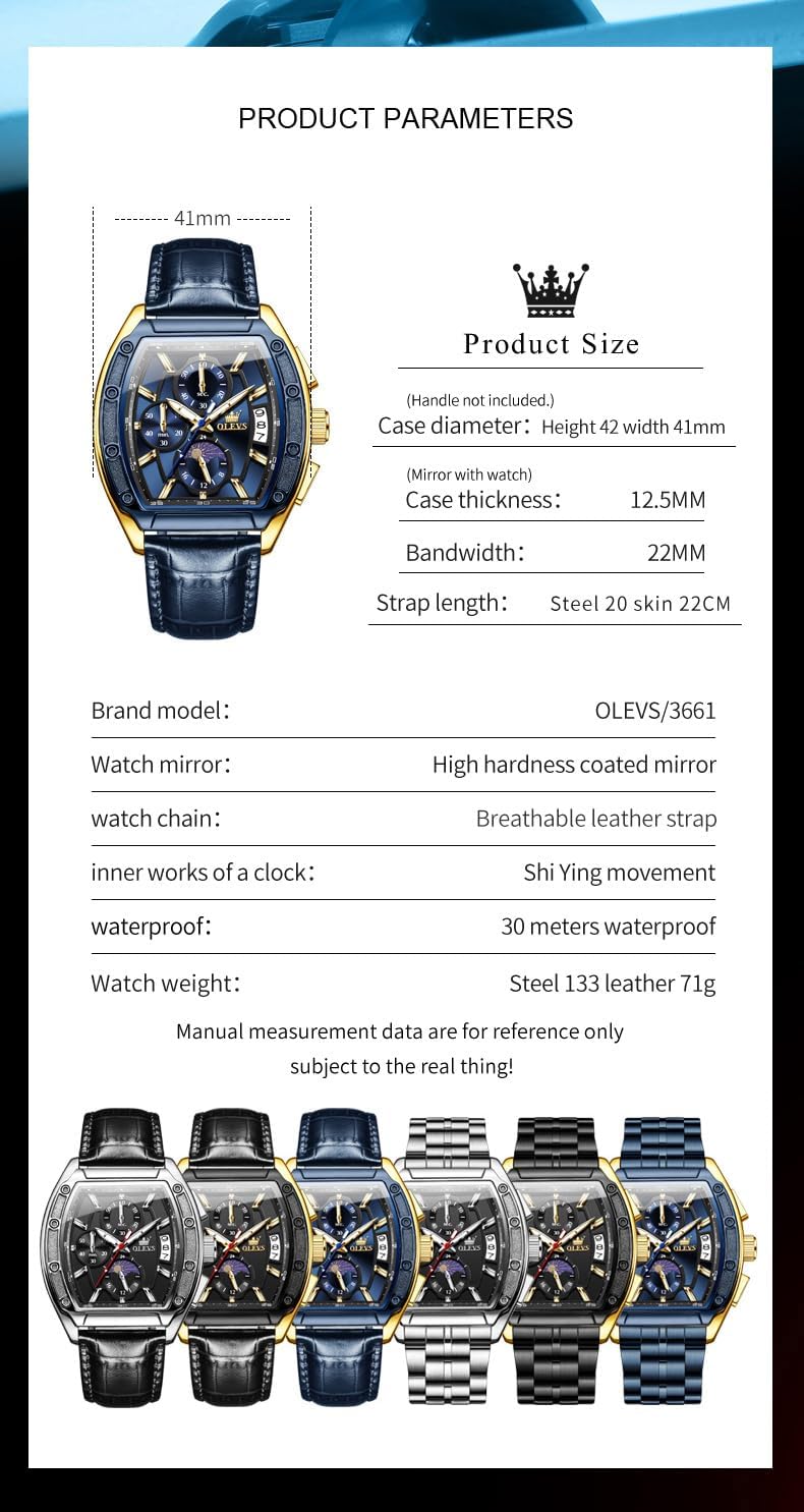 HOTOLEVS Mens Watches Analog Quartz Chronograph Square Dress Watch for Man Stainless Steel or Leather Band Waterproof Luminous Date Male Watch