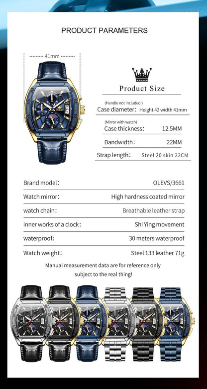 HOTOLEVS Mens Watches Analog Quartz Chronograph Square Dress Watch for Man Stainless Steel or Leather Band Waterproof Luminous Date Male Watch