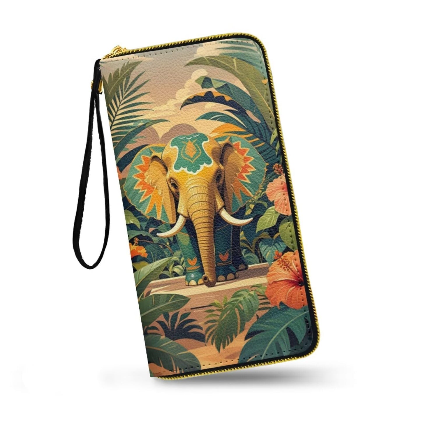 HOTHawaii Totem Flowers PU Leather Ladies Wallet Wristlet, Tropical Hawaiian Tiki Art Zip Around Wallets for Women, Brown Large Capacity Card Holder Organizer