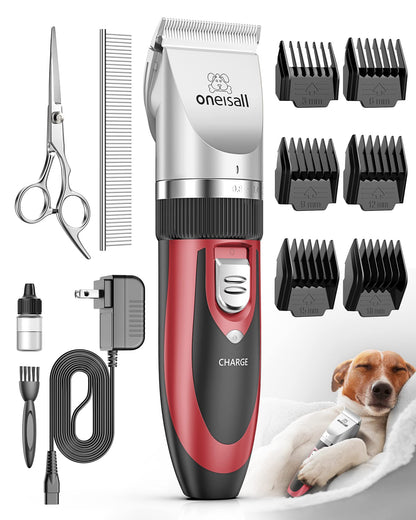 HOToneisall Dog Clippers Grooming Kit for Dogs Cats Pets | Low Noise, Rechargeable Cordless, Long Battery Life, Simple for Beginners, 6 Guide Combs, Removable & Rinsable Blade