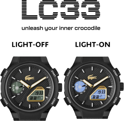 HOTLacoste LC33 Men’s Analog-Digital Quartz Watch - Silicone Strap with Crocodile Texture, TR90 Octagonal Case, Alarm, Chronograph and Calendar -Bold, Sporty Timepiece