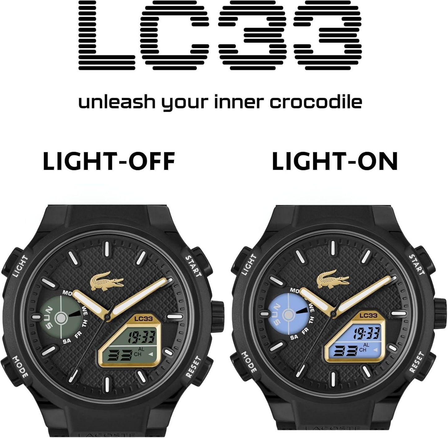 HOTLacoste LC33 Men’s Analog-Digital Quartz Watch - Silicone Strap with Crocodile Texture, TR90 Octagonal Case, Alarm, Chronograph and Calendar -Bold, Sporty Timepiece