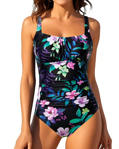 HOTOne Piece Bathing Suit for Women Tummy Control Vintage Swimsuit | Square Neck, Supportive Unremovable Cups, Ruched Design, Adjustable Straps, Full Coverage