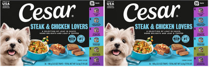 HOTCesar Wet Dog Food, Steak Lovers Variety Pack, 3.5 oz, 36 Count | Real meat #1 ingredient, easy peel trays, 100% complete & balanced, no fillers, no added sugar, no artificial flavors