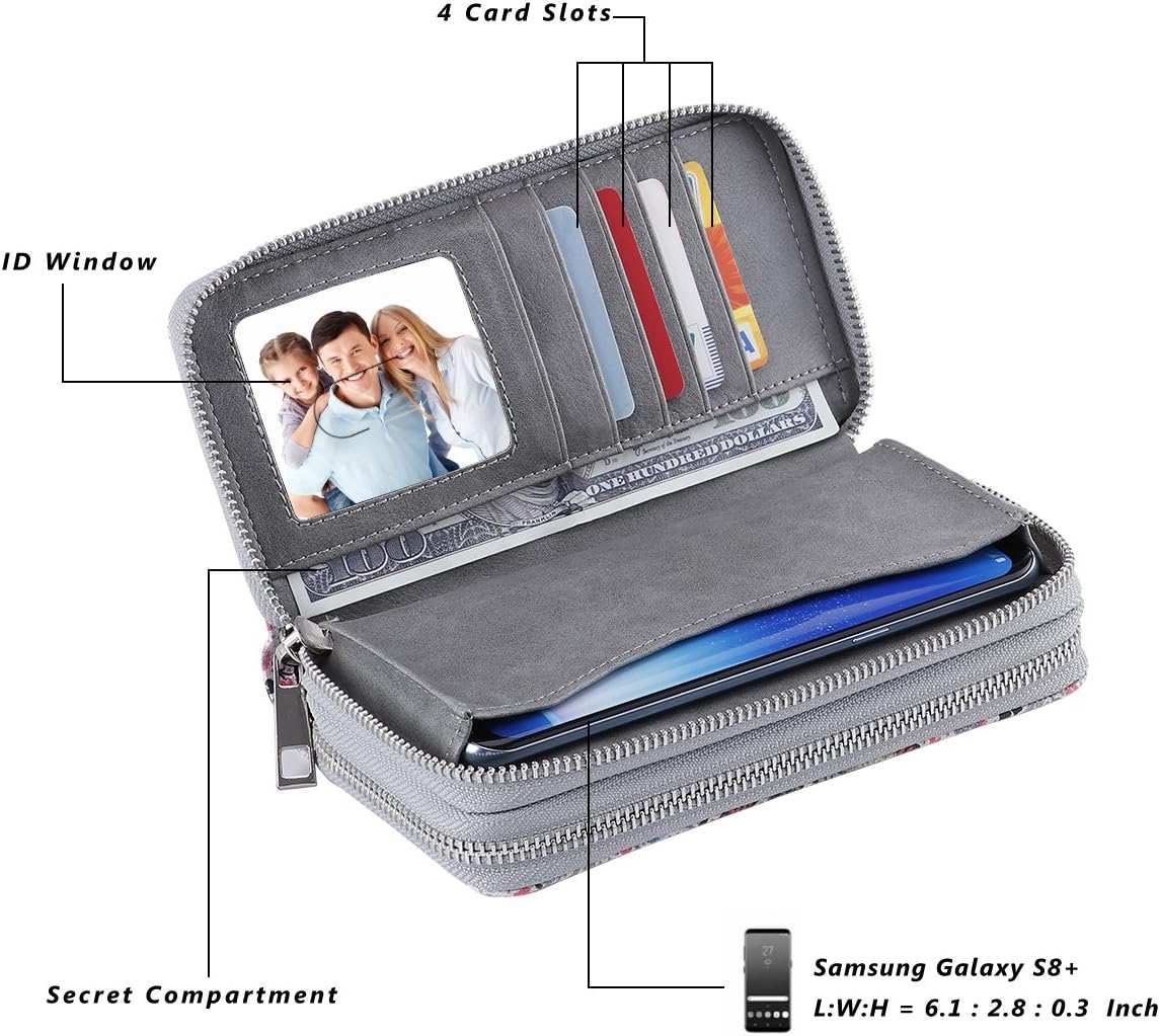 HOTDouble Zipper Wallet for Woman Clutch Purse with Cell Phone Holder for Smartphone/Card/Coin/Cash