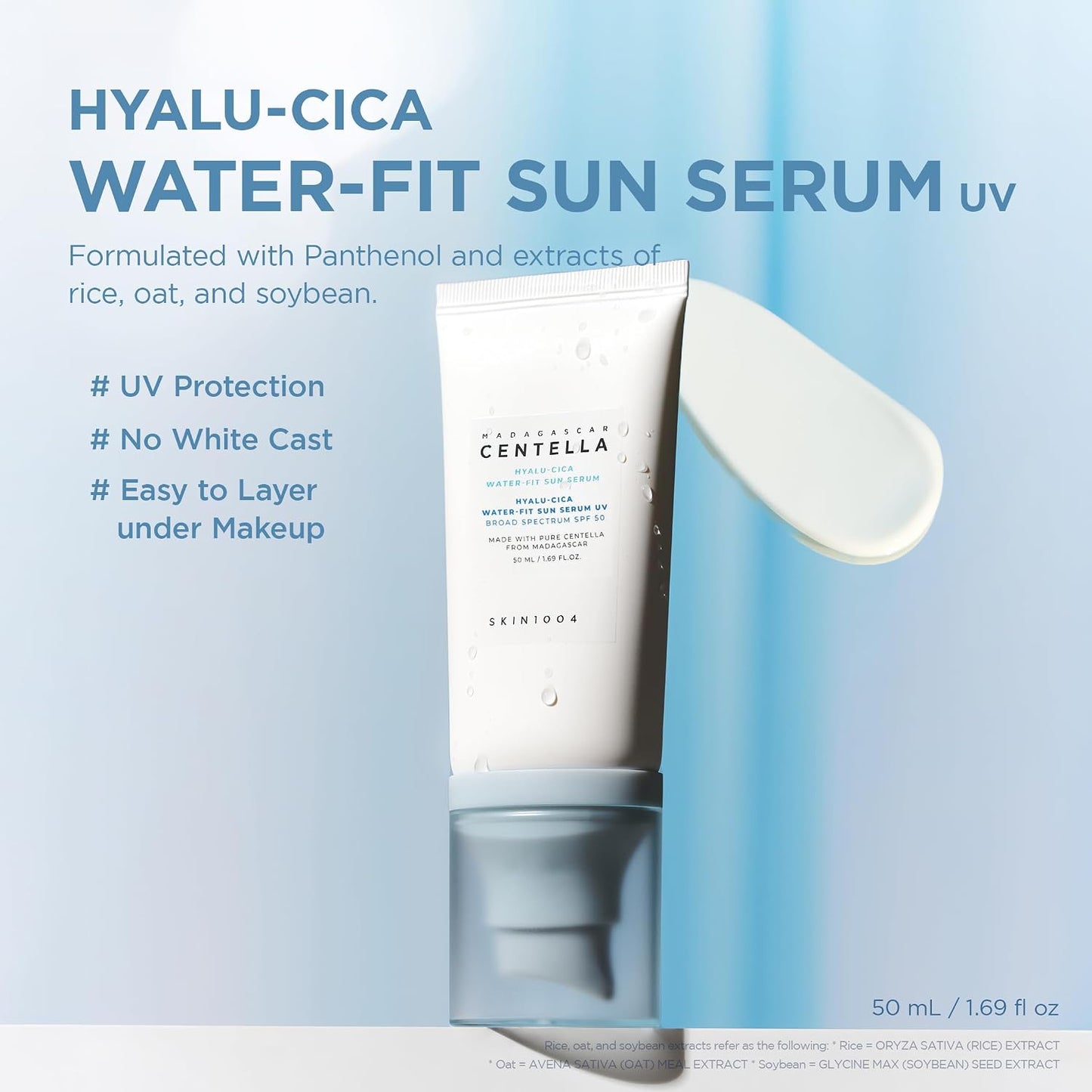 HOTSKIN1004 Centella Hyalu-Cica Water-Fit Sun Serum UV, Korean Sunscreen SPF 50, Centella Sunscreen, Travel Essentials, Sunscreen with Hyaluronic Acid, No White Cast, Korean Skin Care, 1.69 fl.oz / 50ml