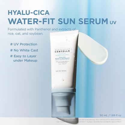 HOTSKIN1004 Centella Hyalu-Cica Water-Fit Sun Serum UV, Korean Sunscreen SPF 50, Centella Sunscreen, Travel Essentials, Sunscreen with Hyaluronic Acid, No White Cast, Korean Skin Care, 1.69 fl.oz / 50ml