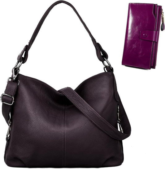 HOTYALUXE Bundle Women's Real Leather Handbags Purses and RFID Protected Card Wallets Purple 1