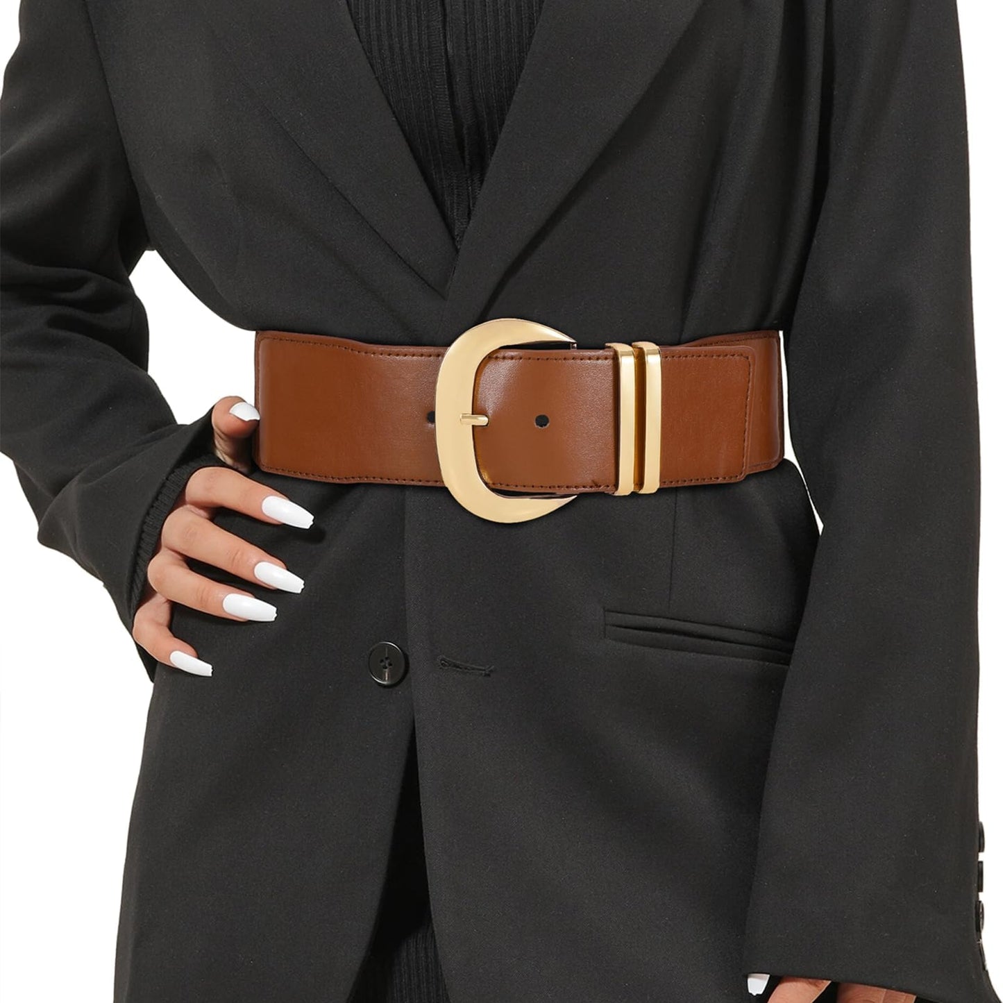 HOTWHIPPY Women Wide Elastic Waist Belt for Dresses Fashion Gold Buckle Stretchy Leather Waistband for Ladies