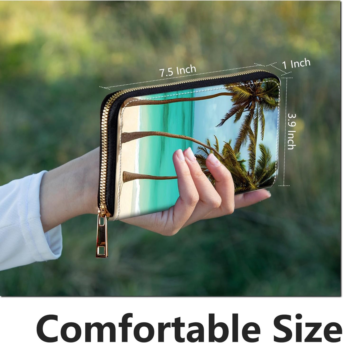 HOTWomen's Wallets RFID Blocking wallet women with Zipper Wristlet Large Capacity Travel Credit Card Holder Womens Wallet with 11 Card Slots ID Window Cash Coin Purse - Palm Tree Beach