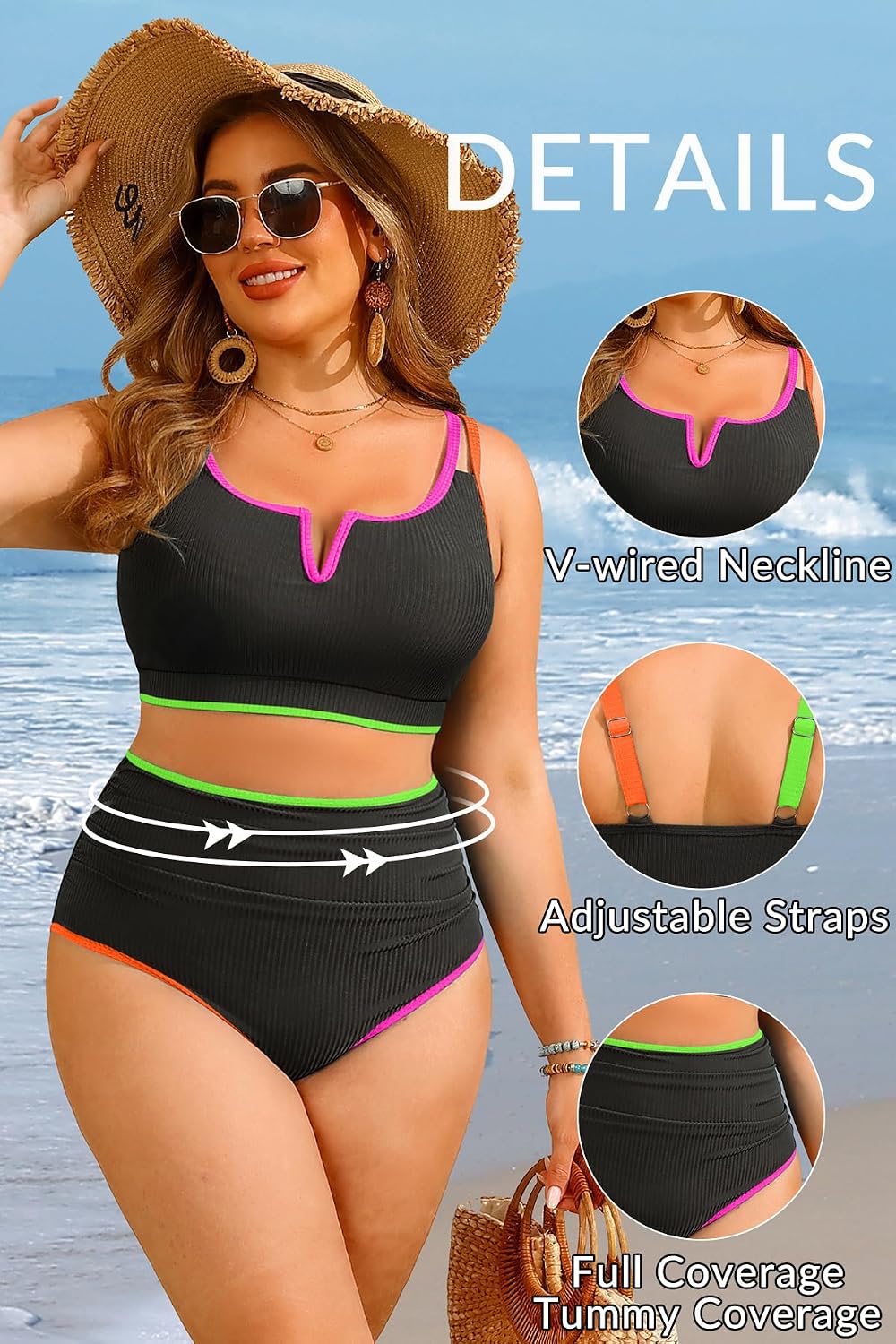 HOTWomen Plus Size High Waisted Bikini Ribbed Two Piece Tummy Control Swimsuit | V-Wired Bathing Suit, Adjustable Straps, Full Coverage, Full Lining