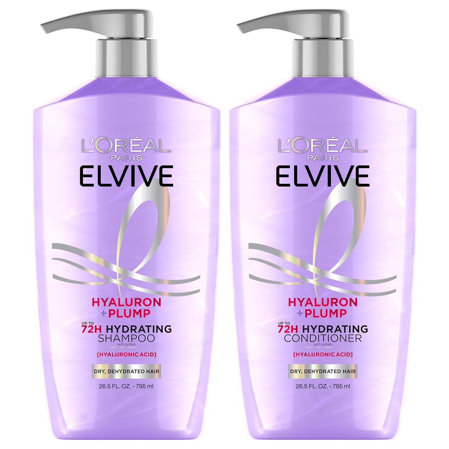 HOTL'Oreal Paris Elvive Hyaluron Plump Shampoo and Conditioner Set for Dry, Dehydrated Hair, 72H Hydrating Hair Care, Infused with Hyaluronic Acid Complex, 53 Fl Oz Set
