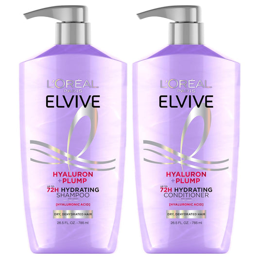 HOTL'Oreal Paris Elvive Hyaluron Plump Shampoo and Conditioner Set for Dry, Dehydrated Hair, 72H Hydrating Hair Care, Infused with Hyaluronic Acid Complex, 53 Fl Oz Set
