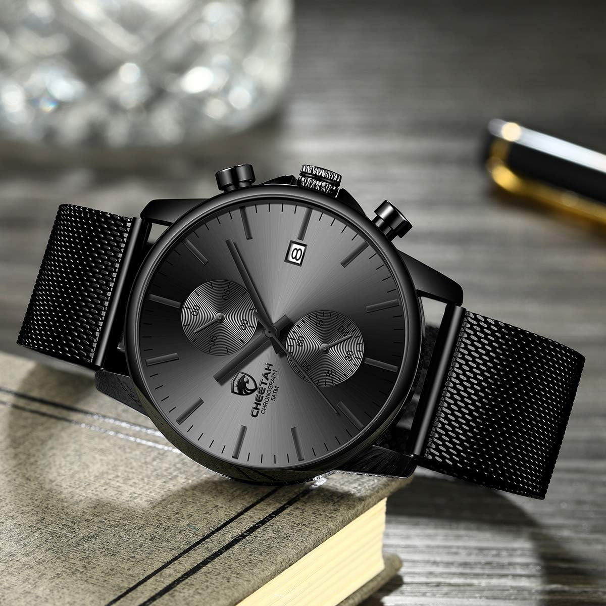HOTGOLDEN HOUR Mens Watch Fashion Sleek Minimalist Quartz Analog Mesh Stainless Steel Waterproof Chronograph Watches for Men with Auto Date