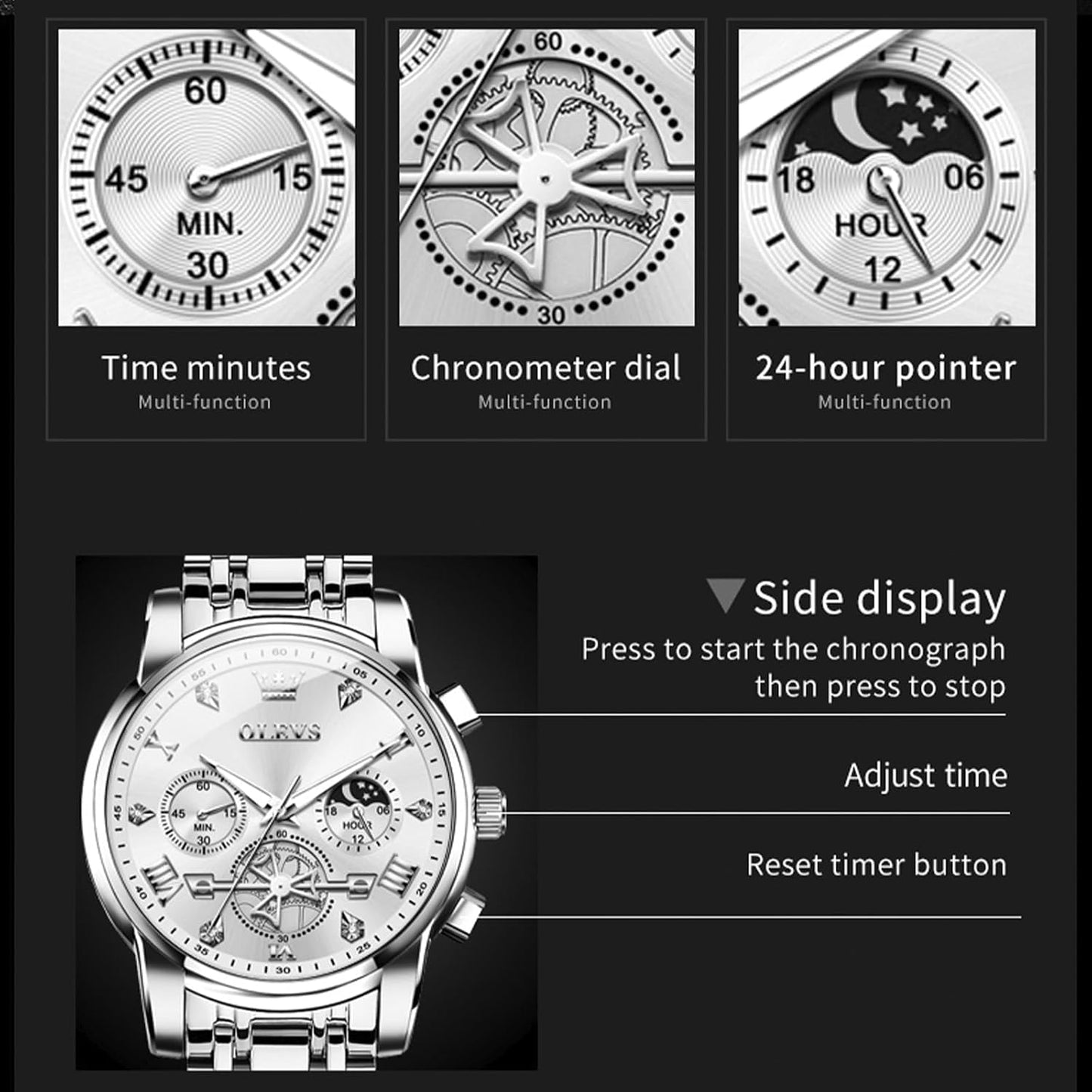 HOTOLEVS Watches Men Waterproof Luxury Big Face Mens Watch Stainless Steel Quartz Analog Dress Watches for Men Luminous Multifunction Man Watch Relojes De Hombre