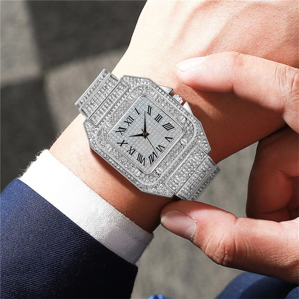 HOTApzzic Diamond Iced Out Watch CZ Gold Plated 40mm Width Roman Numerals Dial Quartz Wristband Watch for Men Women