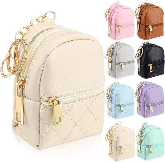 HOTLiliaafar 8 Pcs Mini Backpack Keychain Mini Coin Purses for Women Cute PU Leather Makeup Bag with Keychain, Multi Pocket Card Holder Cable Organizer Giftable Zipper Pouch (Minimalist)