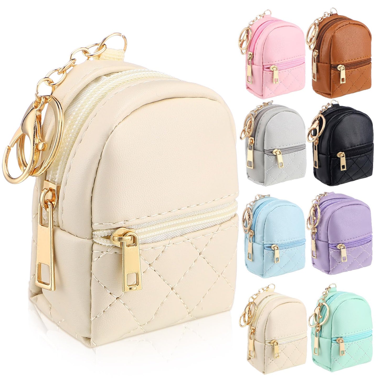 HOTLiliaafar 8 Pcs Mini Backpack Keychain Mini Coin Purses for Women Cute PU Leather Makeup Bag with Keychain, Multi Pocket Card Holder Cable Organizer Giftable Zipper Pouch (Minimalist)