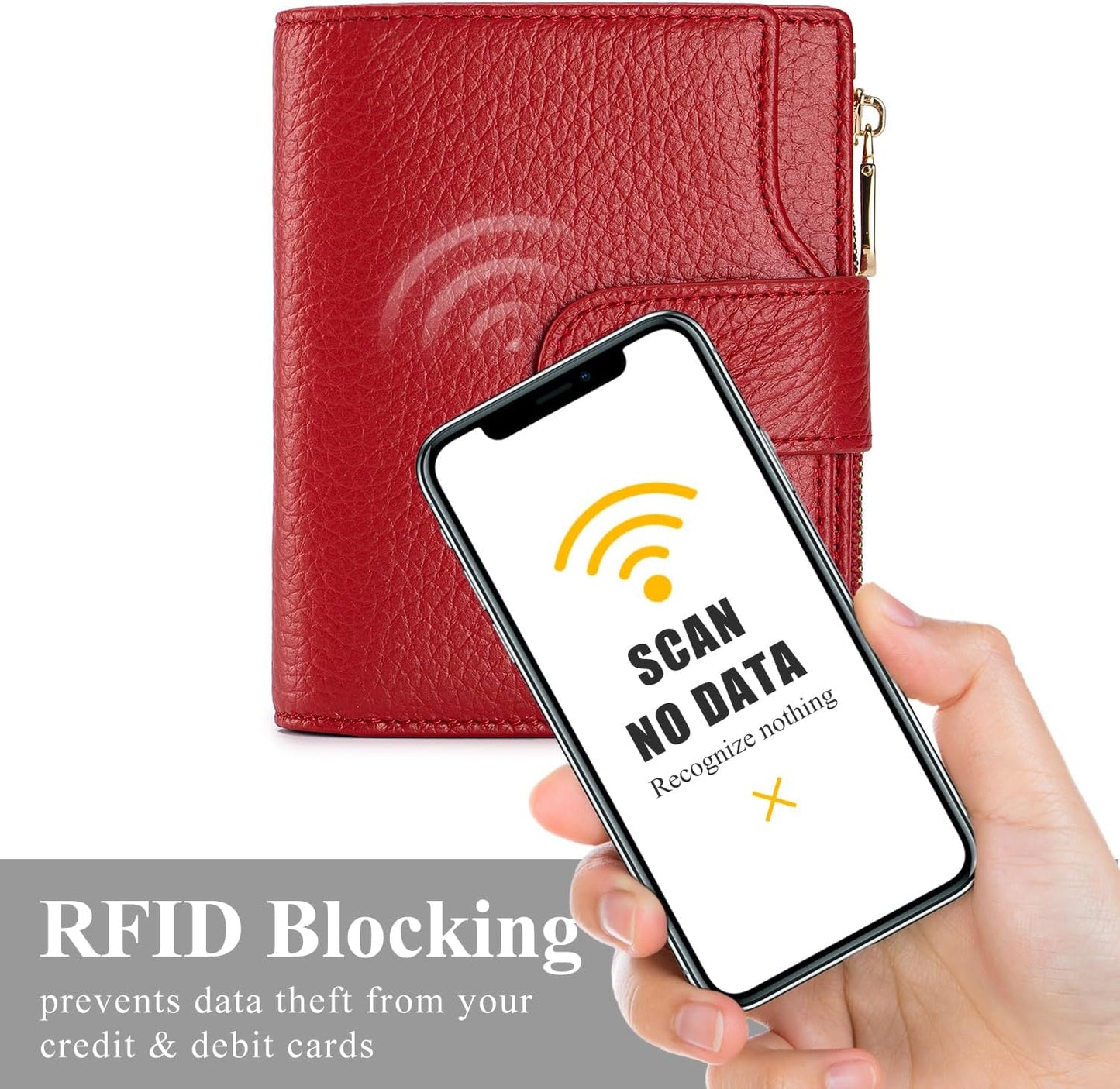 HOTGenuine Leather Wallets for Women RFID Blocking Bifold with Zipper Pocket, 2 ID Windows, 18 Card Slots, Red