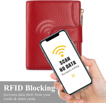 HOTGenuine Leather Wallets for Women RFID Blocking Bifold with Zipper Pocket, 2 ID Windows, 18 Card Slots, Red