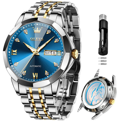 HOTOLEVS Skeleton Men Watches Automatic Business Luxury Diamond Self Winding Watch for Men Stainless Steel Calendar Wrist Watch
