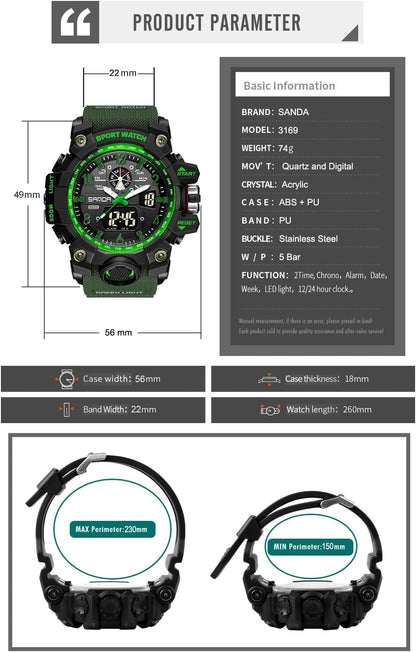 HOTKXAITO Men's Watches Sports Outdoor Waterproof Military Wrist Watch Date Multi Function Tactics LED Alarm Stopwatch