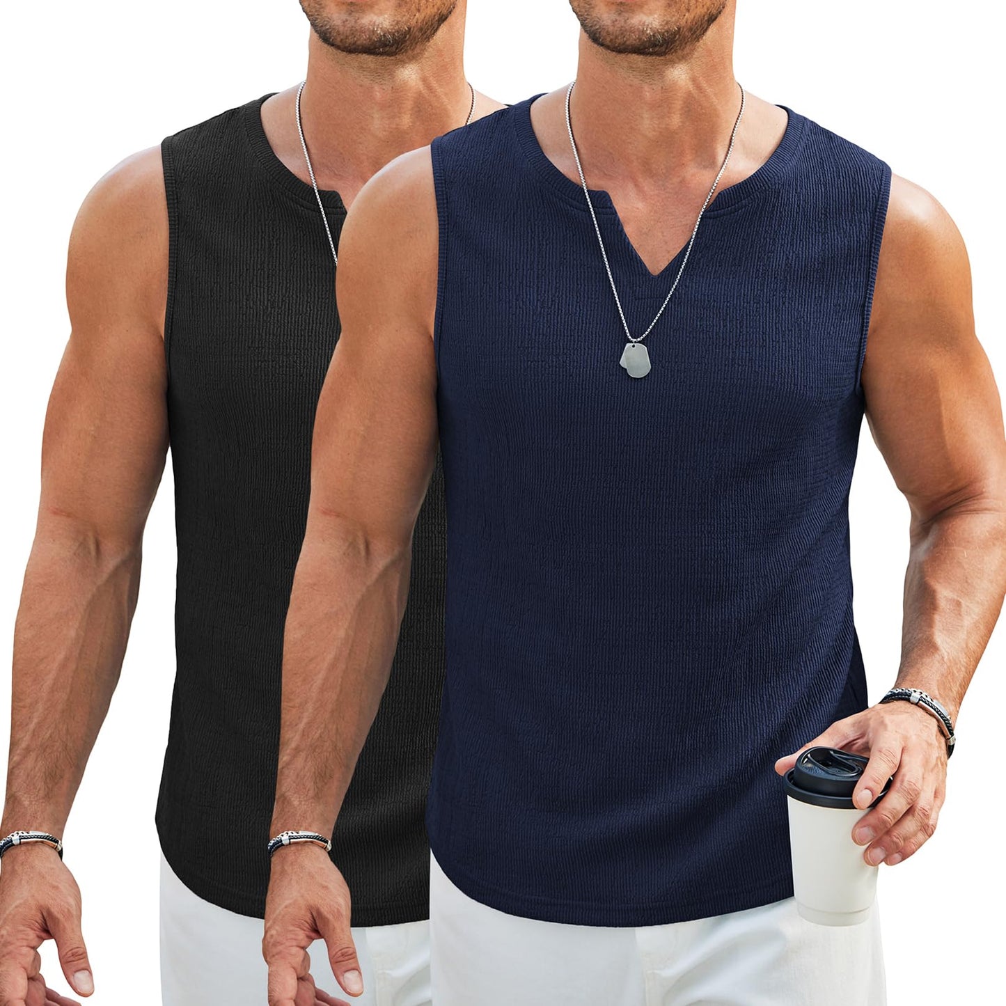 HOTCOOFANDY Men's Casual Tank Tops Knit V Neck Sleeveless T Shirts 2 Pack Summer Beach Lightweight Muscle Tee