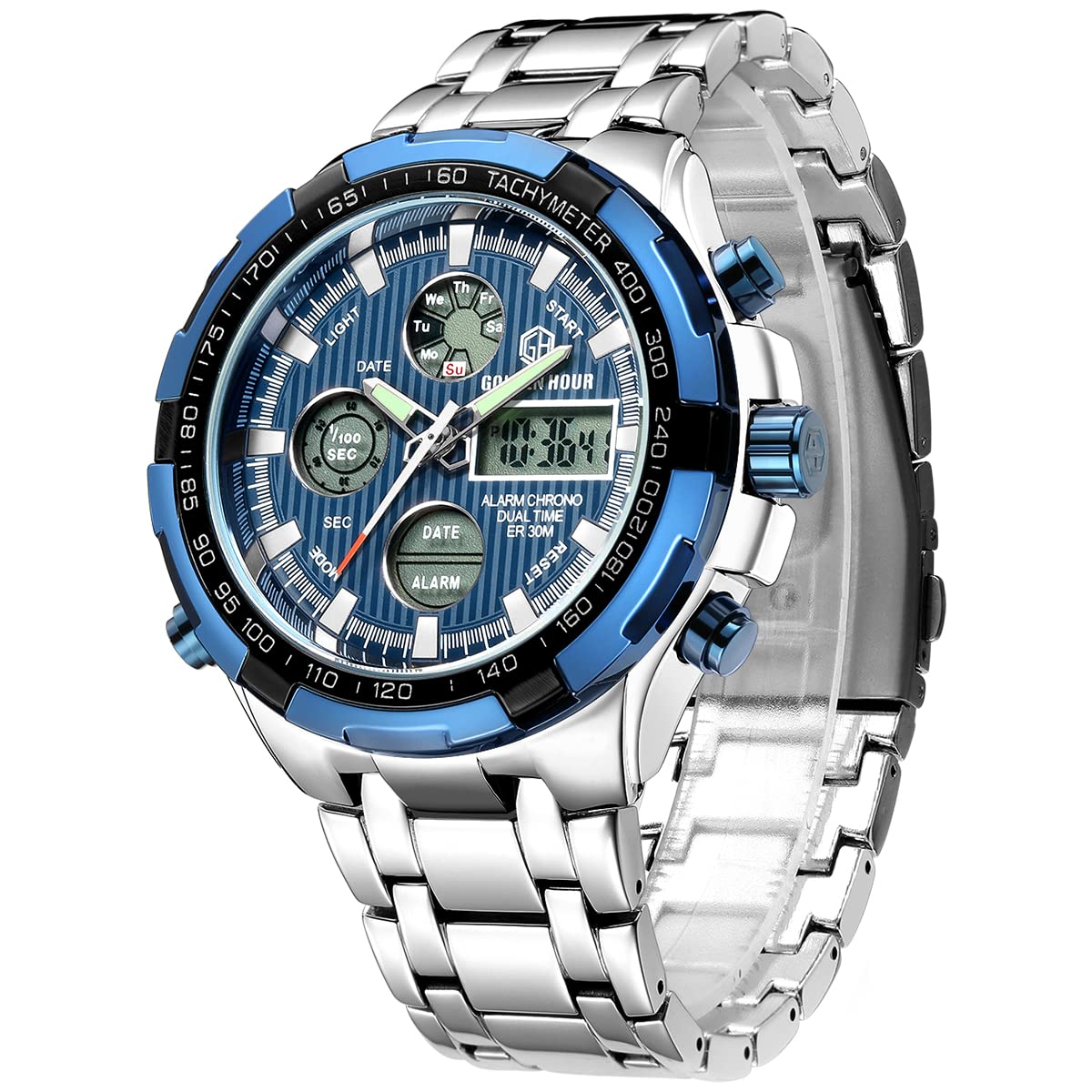 HOTGOLDEN HOUR Luxury Stainless Steel Analog Digital Watches for Men Male Outdoor Sport Waterproof Big Heavy Wristwatch