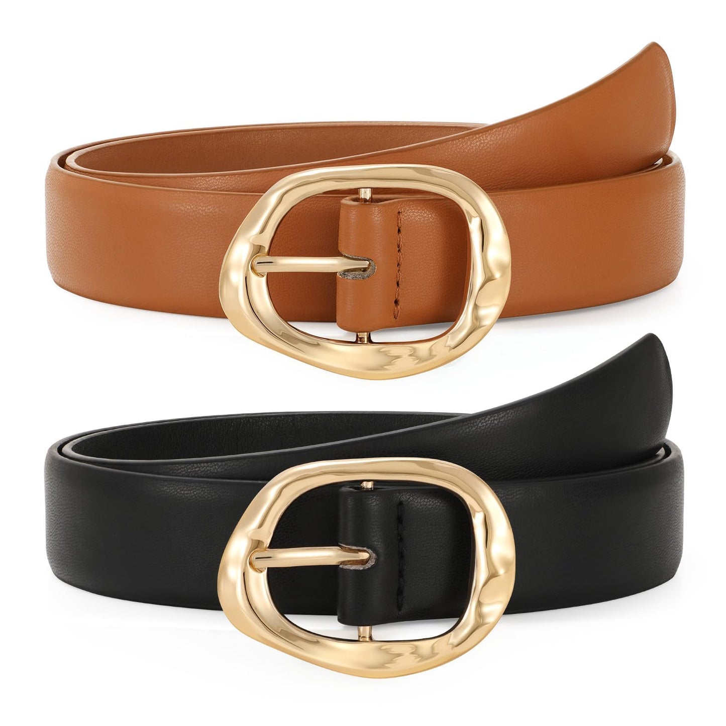 HOTTRIWORKS 2 Pack Leather Belts for Women Fashion Waist Belt with Liquid Shapes Women Belt for Jeans Pants Dresses