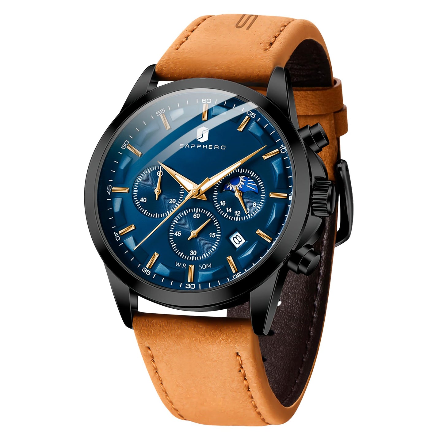 HOTSAPPHERO Chronograph Watches for Men, Original Business Casual Stainless Steel Analog Watch 50M Waterproof Luminous Watches with Date Dial, Mens Gift