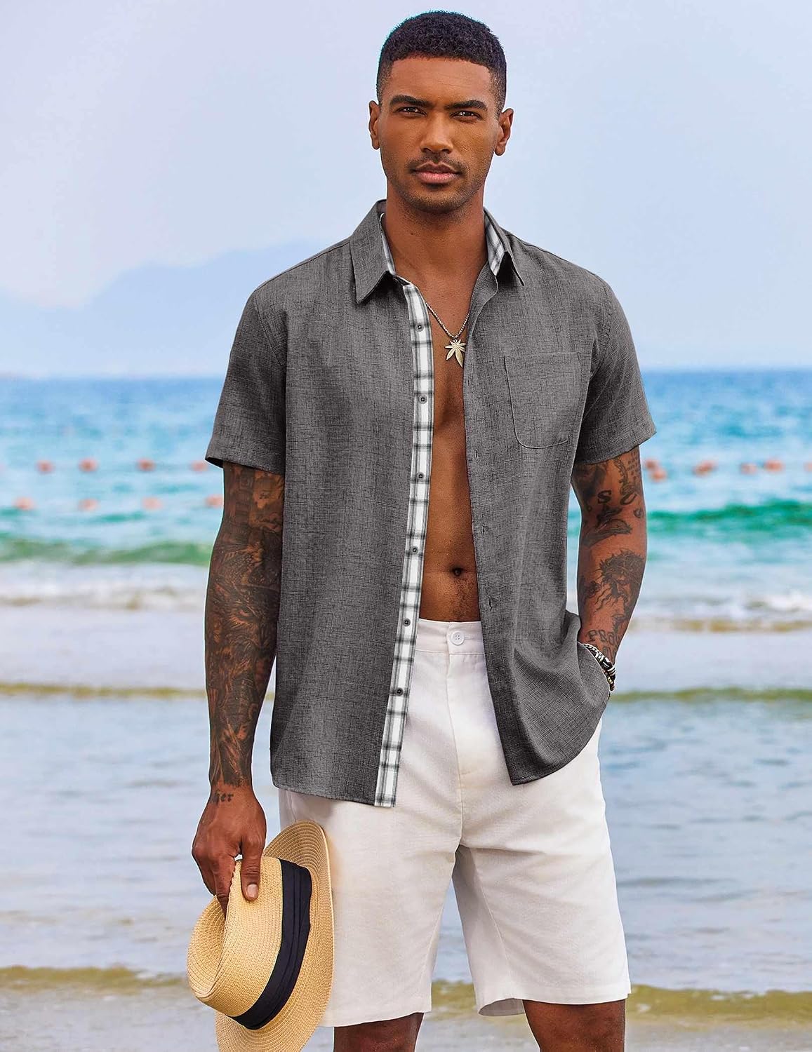 HOTCOOFANDY Men's Button Down Shirts Short Sleeve Casual Summer Beach Vacation Wedding Shirt with Pocket